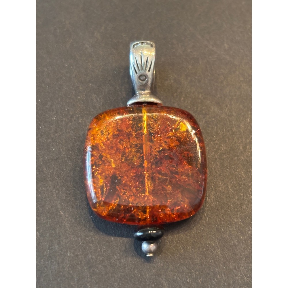 Vintage Sterling Silver .925 Cognac Amber Square Pendant with Onyx Accent